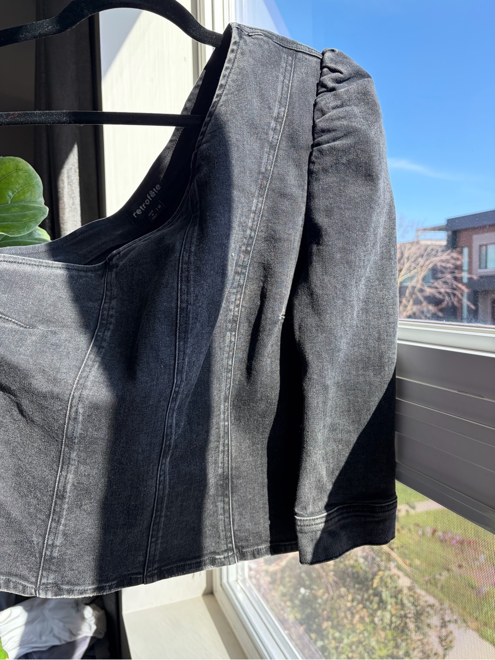 Retrofête Faded Black Denim Corset Puff Sleeve Top Size M